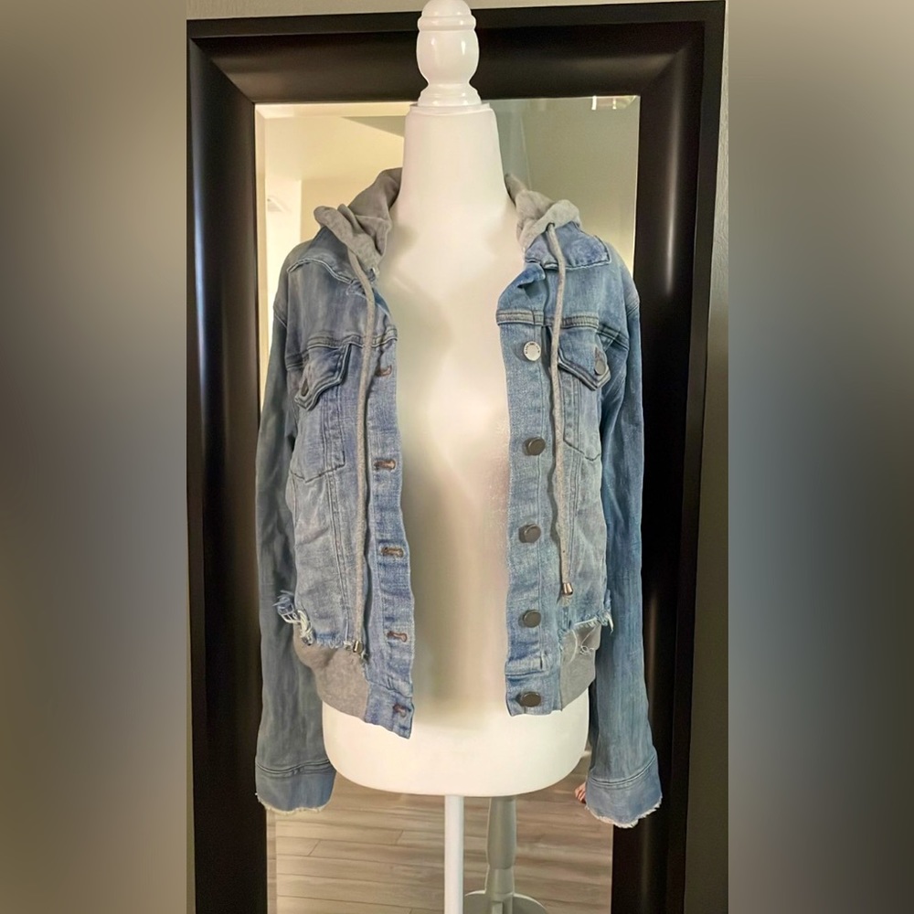 Denim jacket with removable sweater hoodie